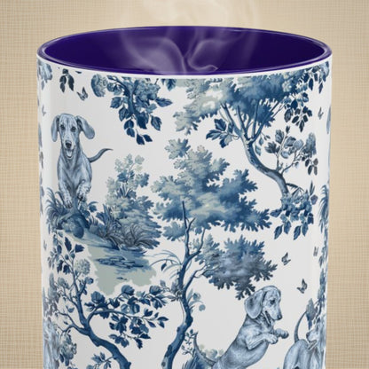 Dachshund Playing garden toile deux 15 oz ceramic mug, front view