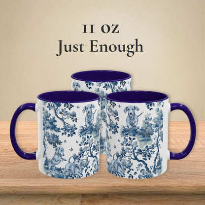 Dachshund Playing garden toile deux 11 oz ceramic mug, left, front and right views