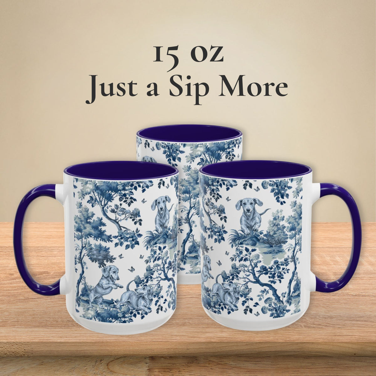 Dachshund Playing garden toile deux 15 oz ceramic mug, left, front and right views