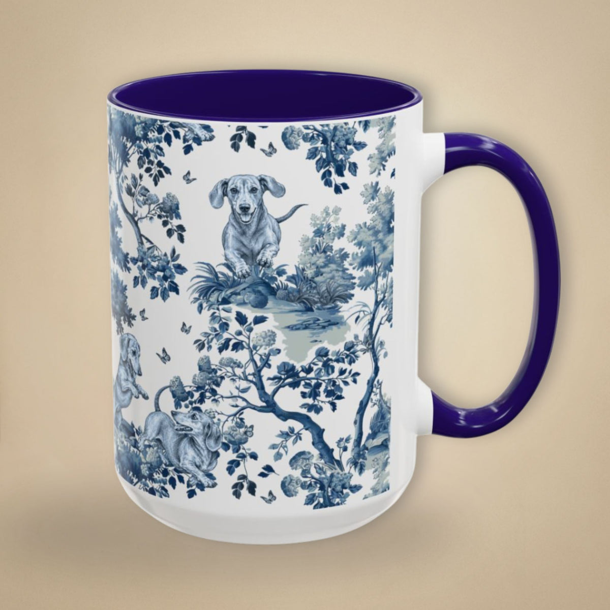 Dachshund Playing garden toile deux 15 oz ceramic mug, right view