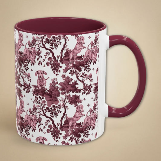 Dachshund Playing petite cranberry toile 11 oz ceramic mug, right view