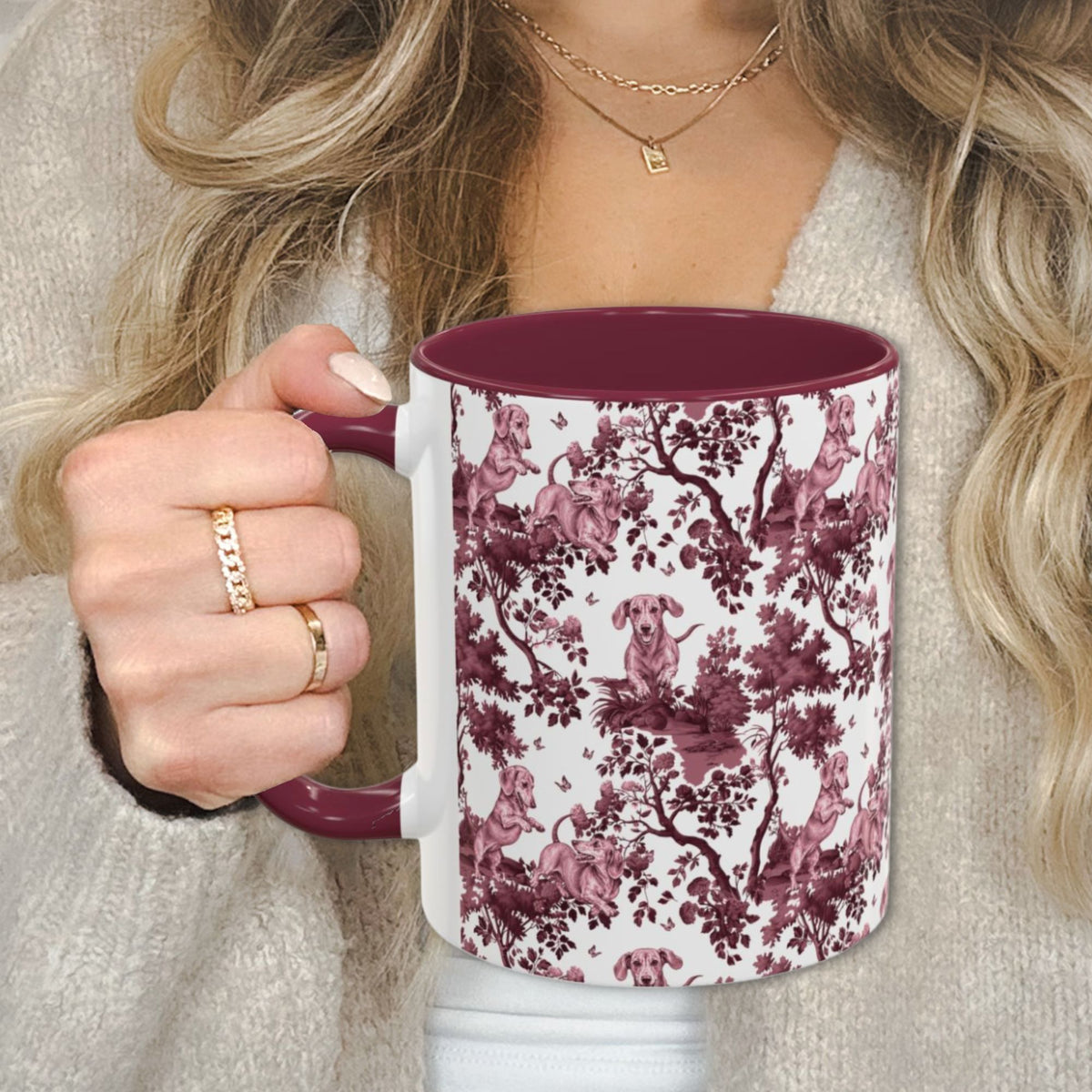 Dachshund Playing petite cranberry toile 11 oz ceramic mug, left view