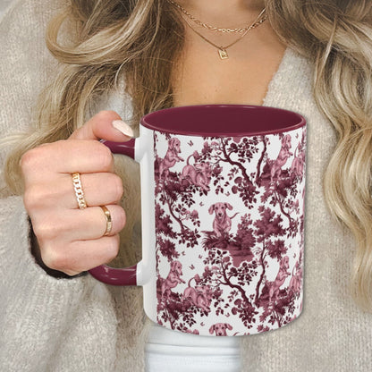 Dachshund Playing petite cranberry toile 11 oz ceramic mug, left view