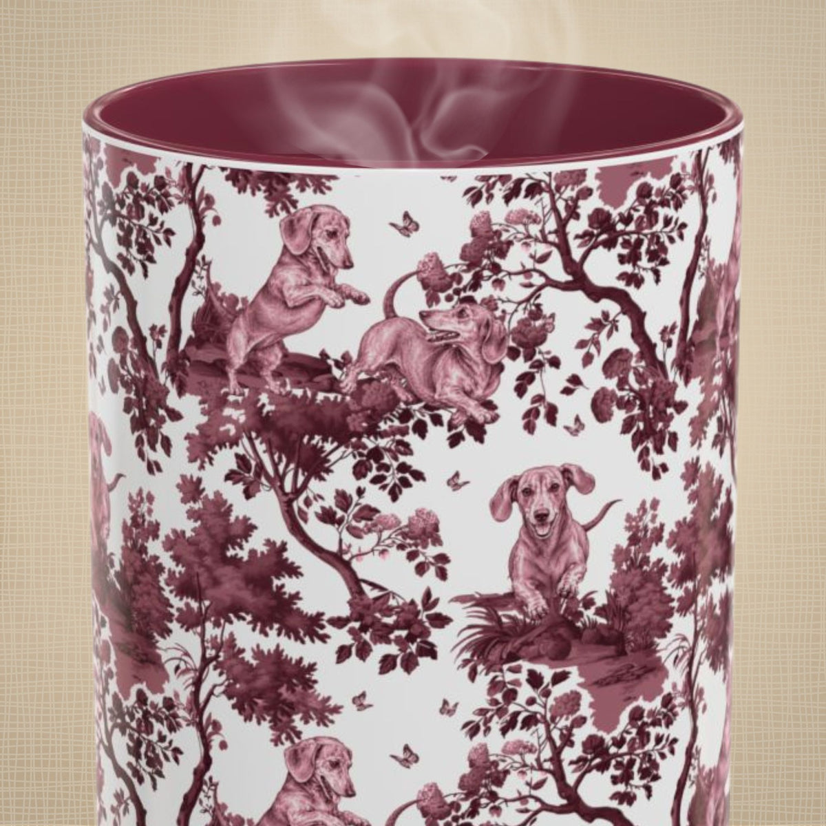 Dachshund Playing petite cranberry toile 15 oz ceramic mug, front view