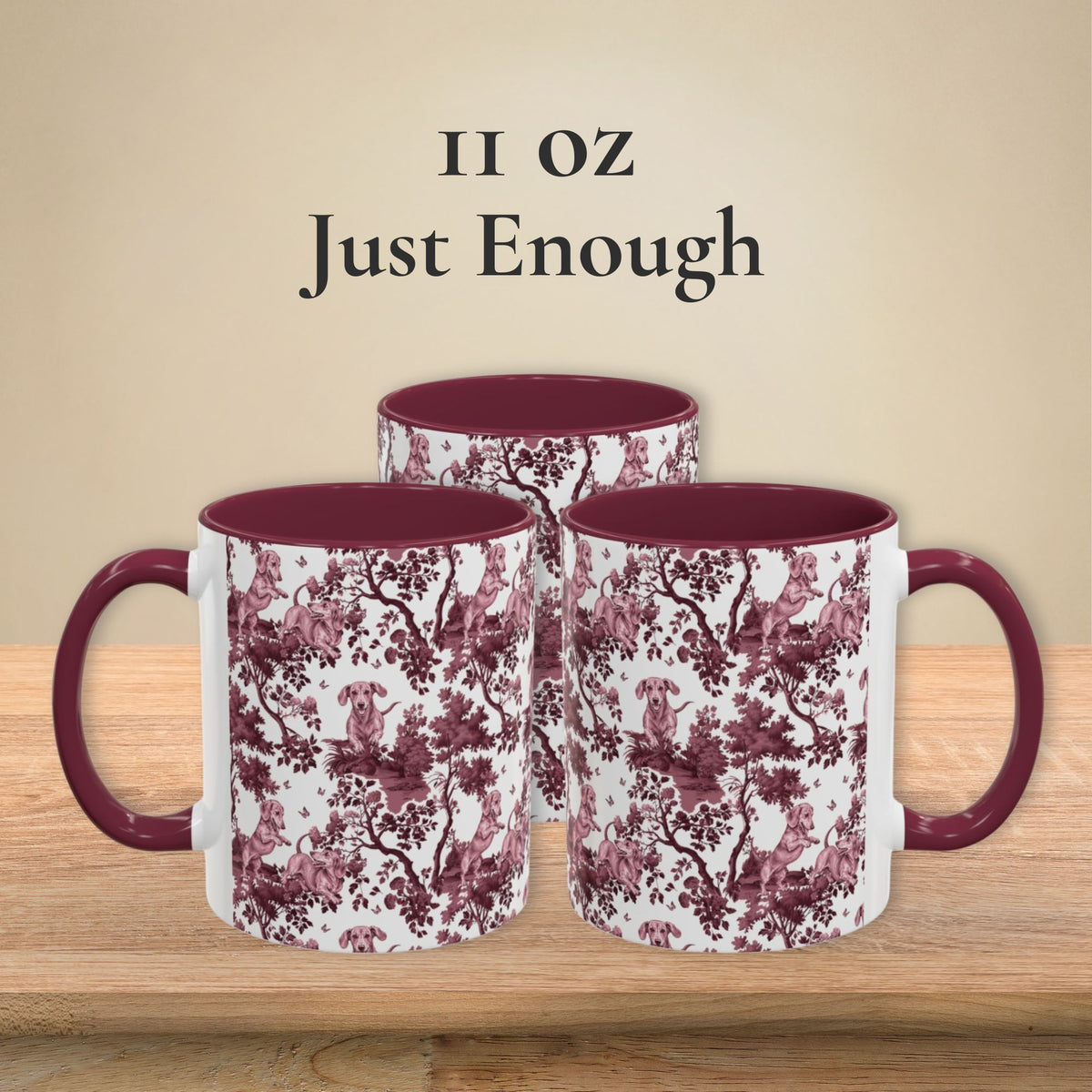 Dachshund Playing petite cranberry toile 11 oz ceramic mug, left, front and right views