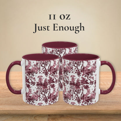 Dachshund Playing petite cranberry toile 11 oz ceramic mug, left, front and right views
