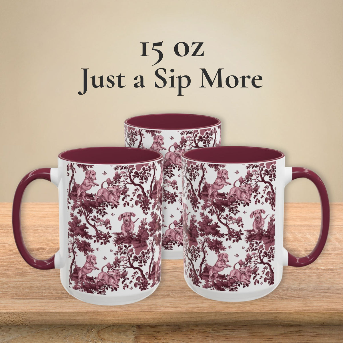 Dachshund Playing petite cranberry toile 15 oz ceramic mug, left, front and right views