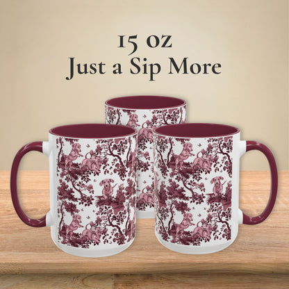 Dachshund Playing petite cranberry toile 15 oz ceramic mug, left, front and right views