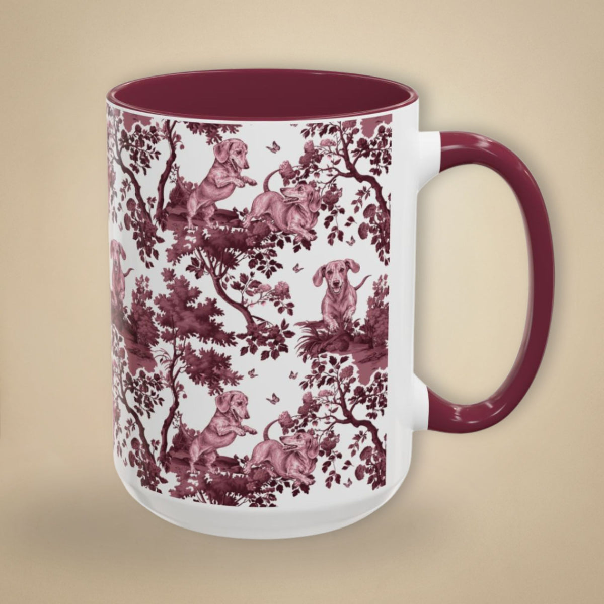 Dachshund Playing petite cranberry toile 15 oz ceramic mug, right view