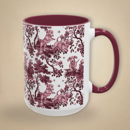 Dachshund Playing petite cranberry toile 15 oz ceramic mug, right view