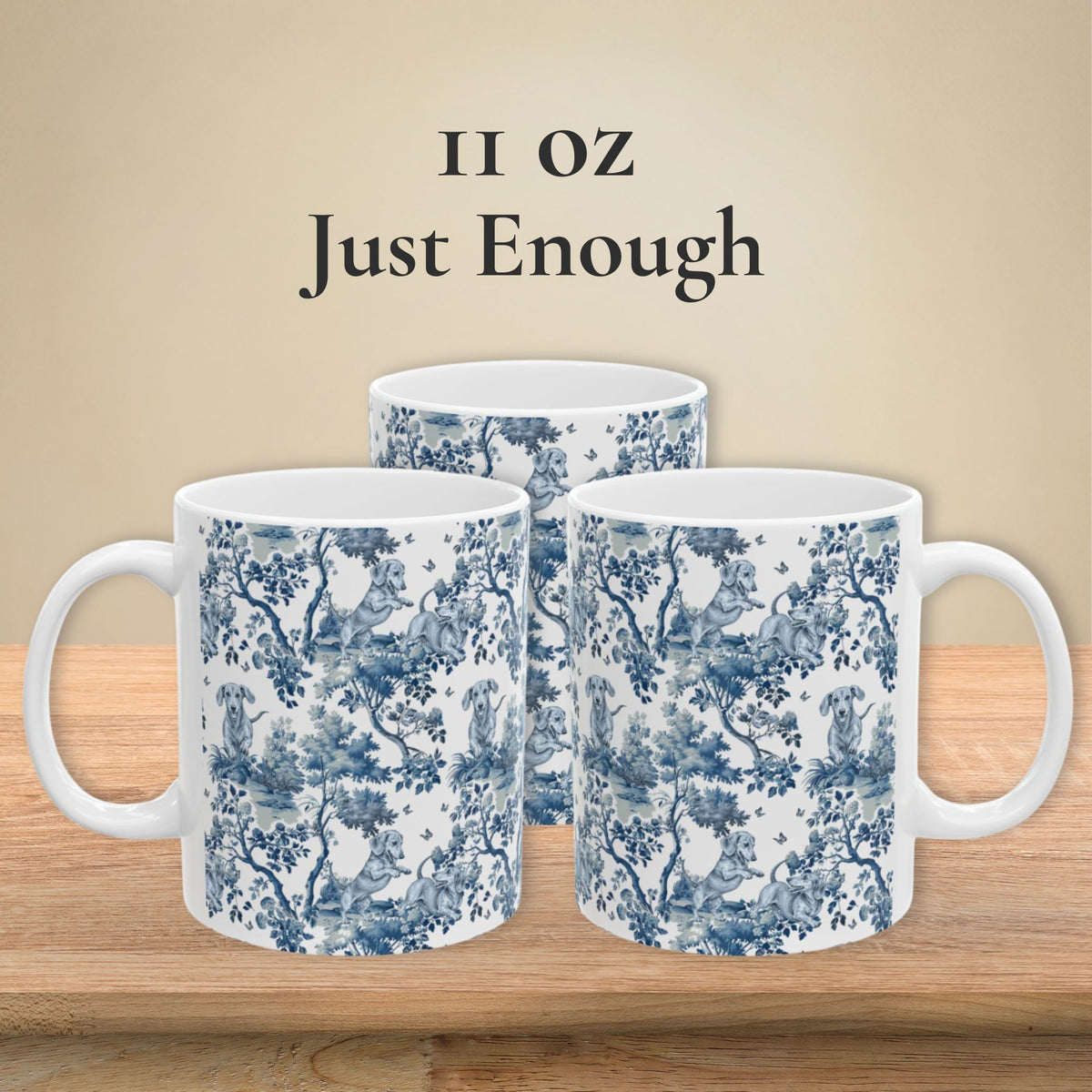 Dachshund Playing petite garden toile 11 oz ceramic mug, left, front and right views