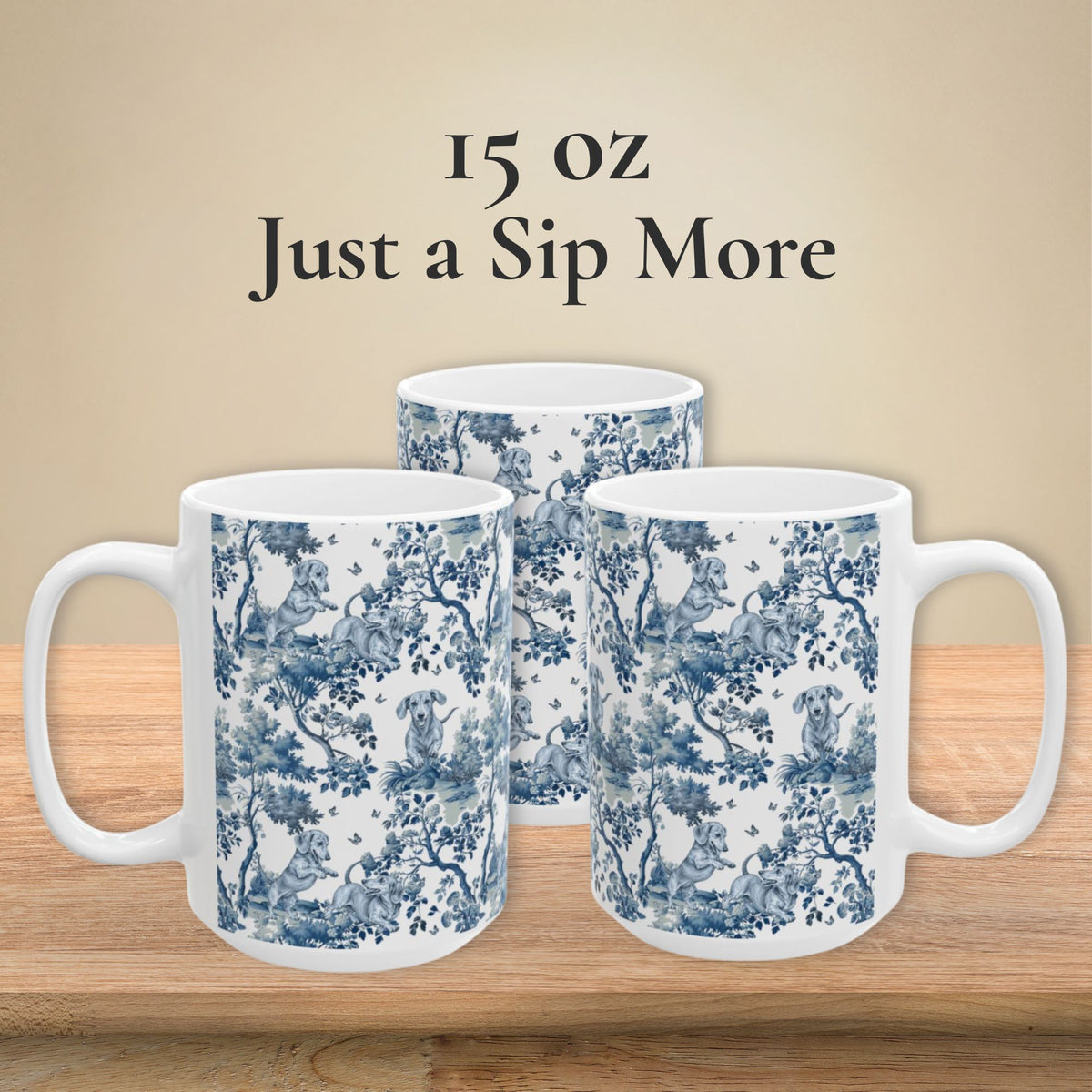 Dachshund Playing petite garden toile 15 oz ceramic mug, left, front and right views
