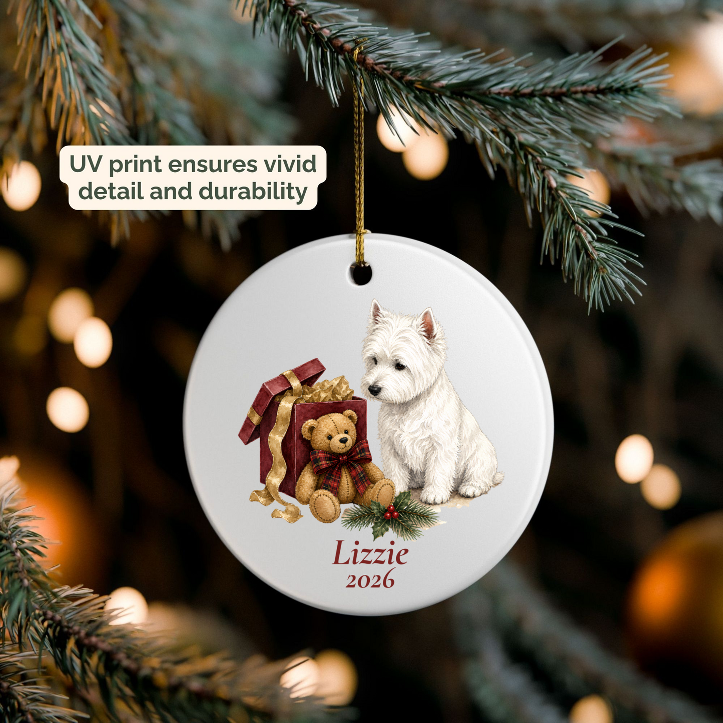 Personalized West Highland Terrier ornament hanging on a lit Christmas tree