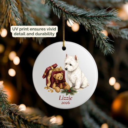 Personalized West Highland Terrier ornament hanging on a lit Christmas tree