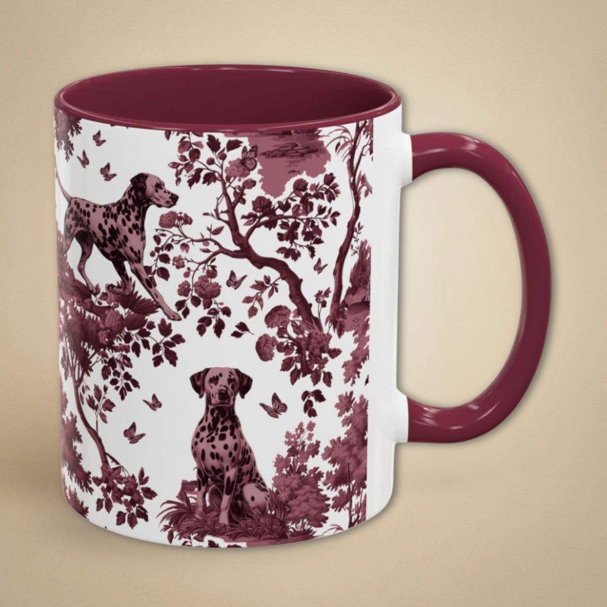 Dalmatian cranberry toile 11 oz ceramic mug, right view