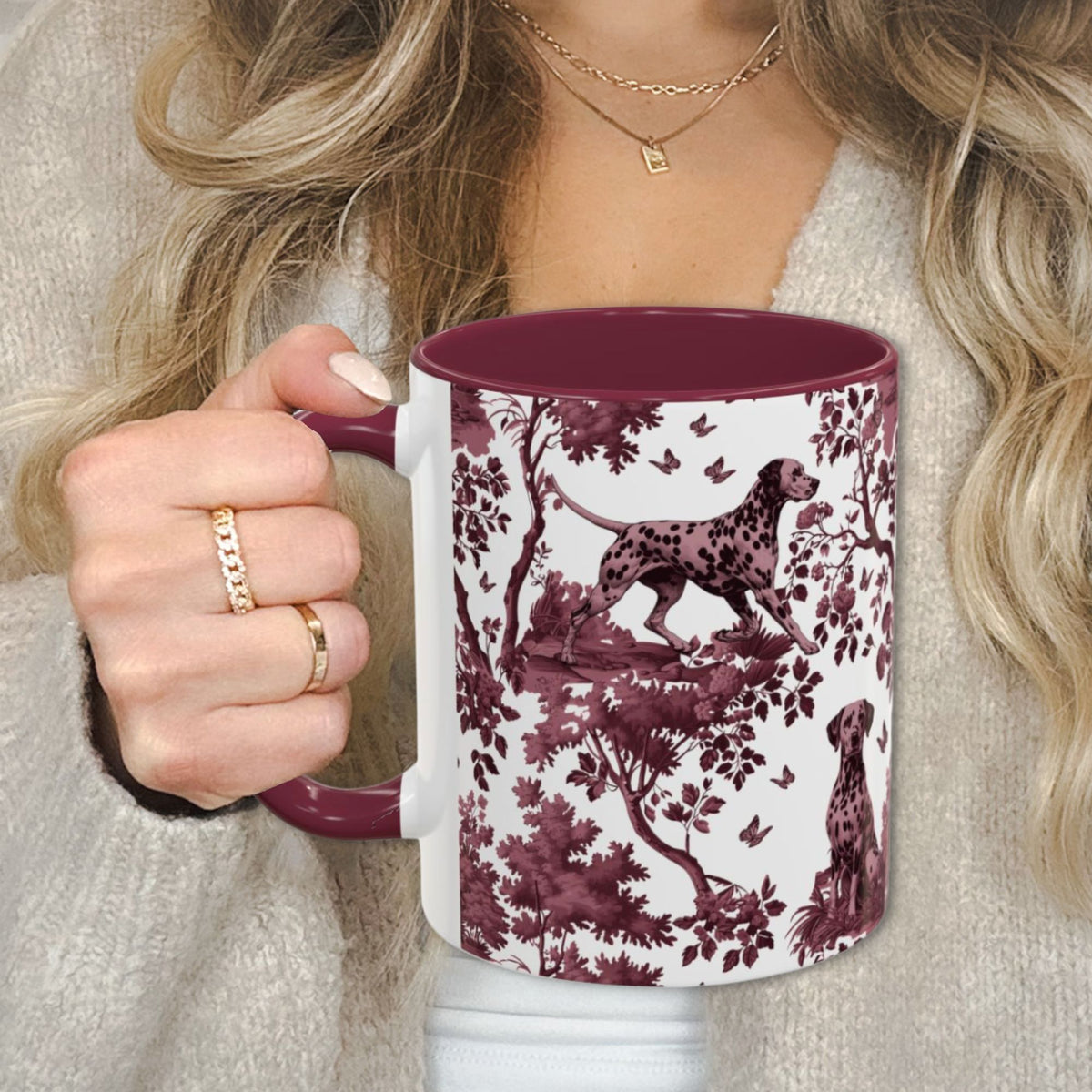 Dalmatian cranberry toile 11 oz ceramic mug, left view