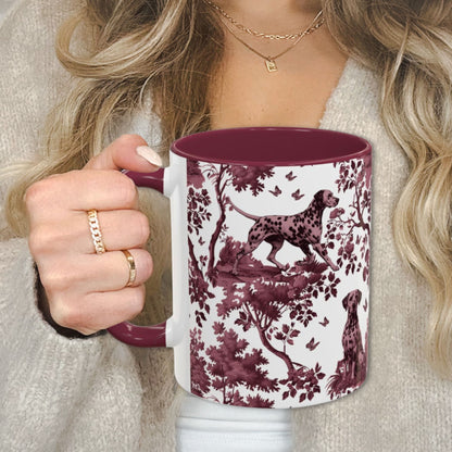 Dalmatian cranberry toile 11 oz ceramic mug, left view