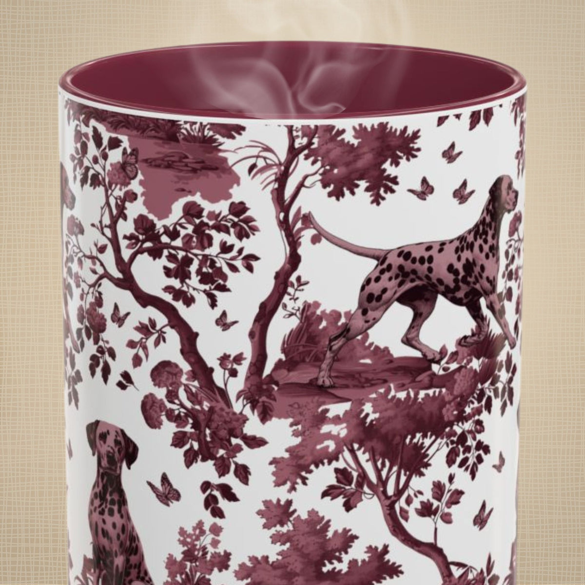 Dalmatian cranberry toile 15 oz ceramic mug, front view