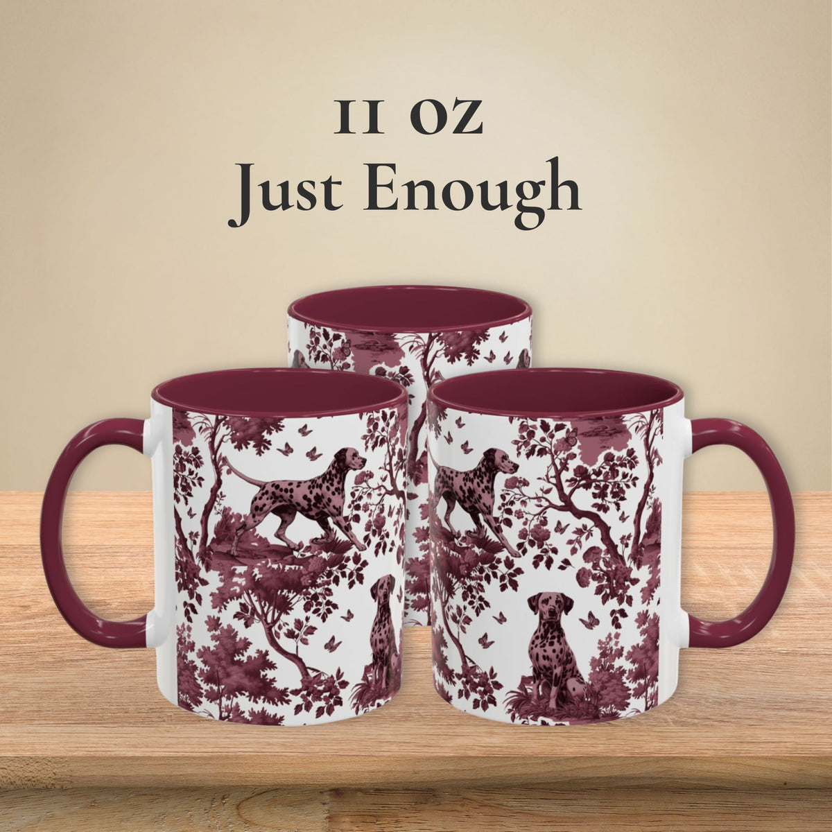 Dalmatian cranberry toile 11 oz ceramic mug, left, front and right views
