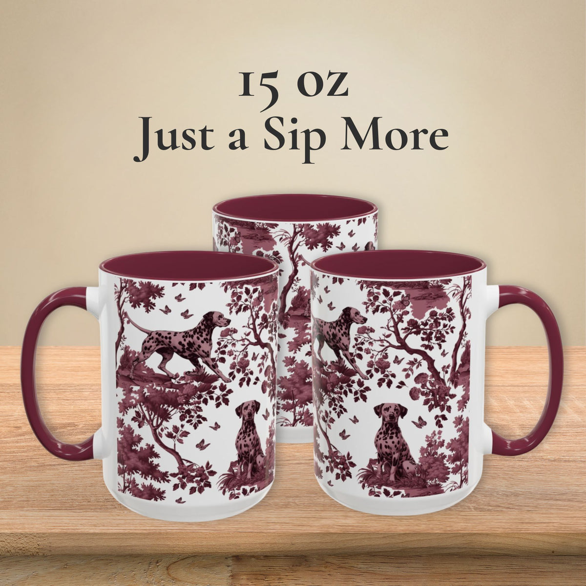 Dalmatian cranberry toile 15 oz ceramic mug, left, front and right views