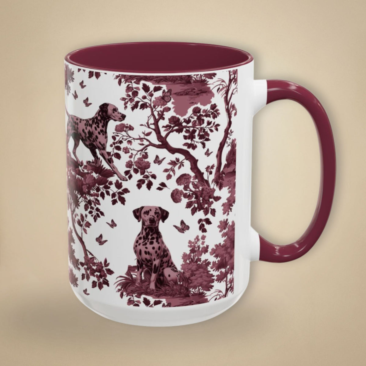Dalmatian cranberry toile 15 oz ceramic mug, right view