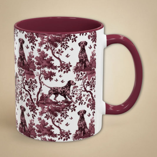 Dalmatian petite cranberry toile 11 oz ceramic mug, right view