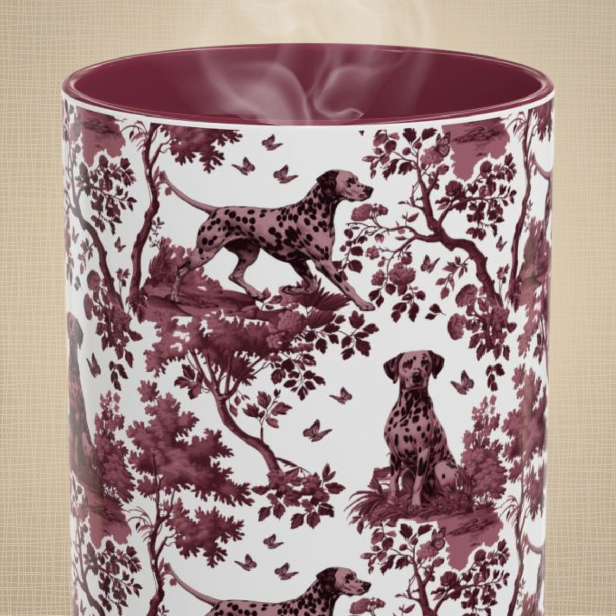 Dalmatian petite cranberry toile 15 oz ceramic mug, front view