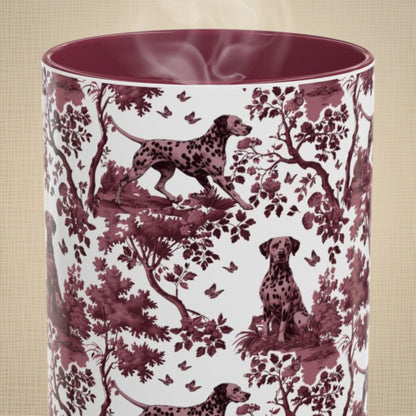 Dalmatian petite cranberry toile 15 oz ceramic mug, front view