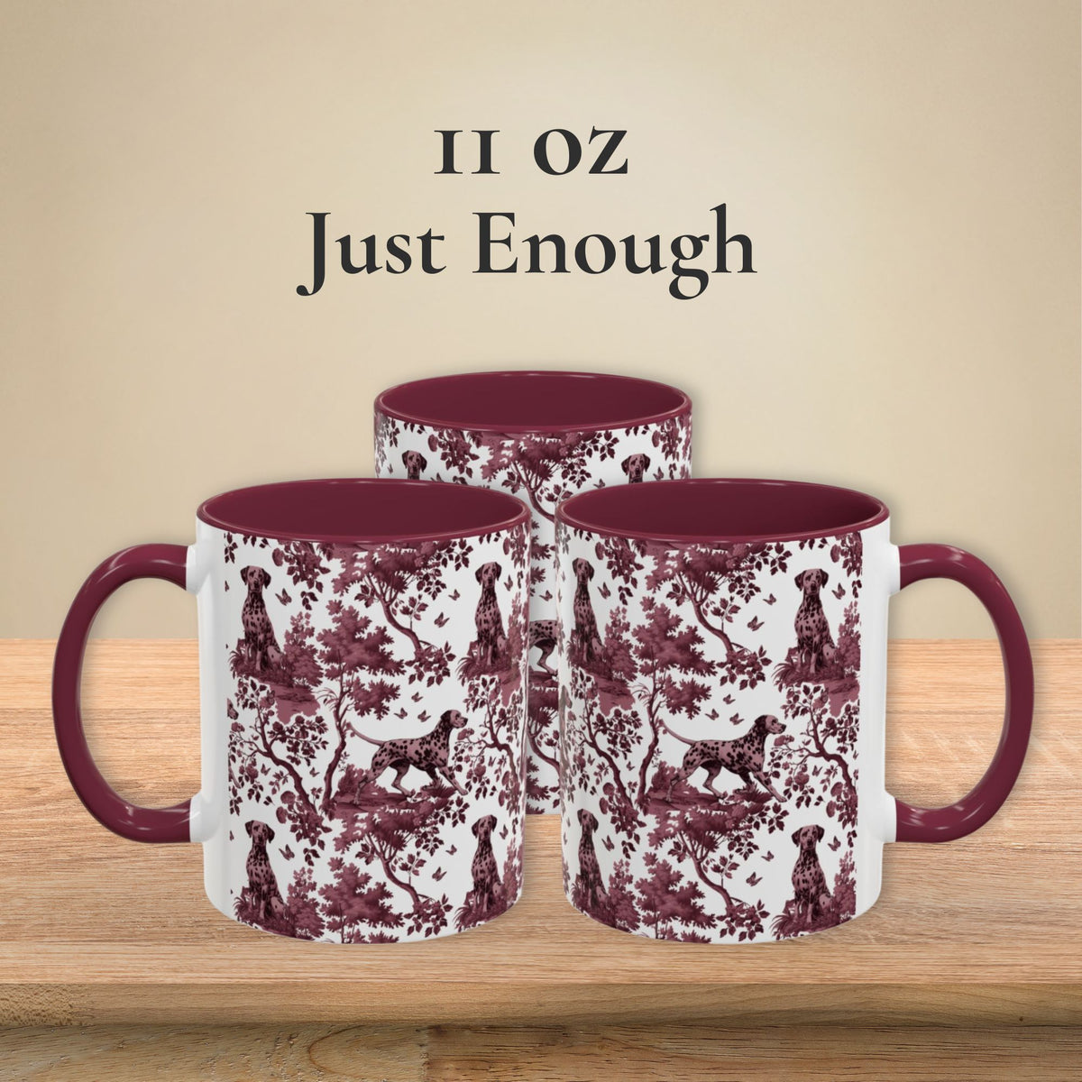Dalmatian petite cranberry toile 11 oz ceramic mug, left, front and right views