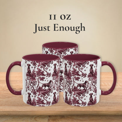 Dalmatian petite cranberry toile 11 oz ceramic mug, left, front and right views