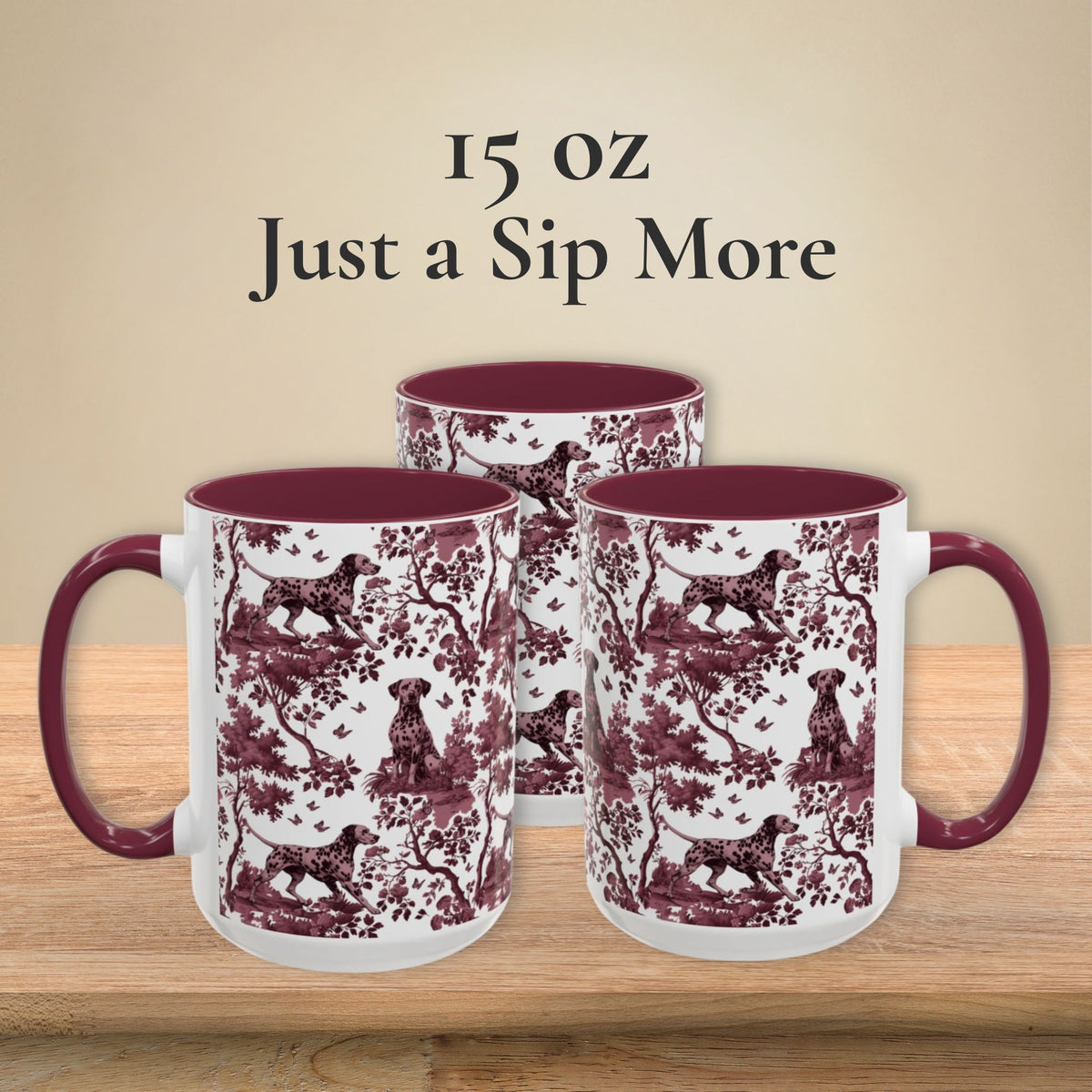 Dalmatian petite cranberry toile 15 oz ceramic mug, left, front and right views
