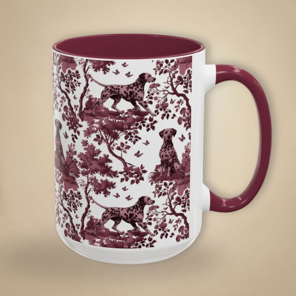 Dalmatian petite cranberry toile 15 oz ceramic mug, right view