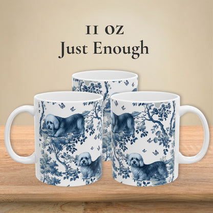 11 oz blue toile Dandie Dinmont Terrier coffee mug shown from three sides