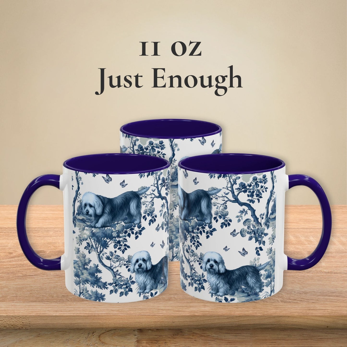 11 oz blue toile Dandie Dinmont Terrier coffee mug shown from three sides