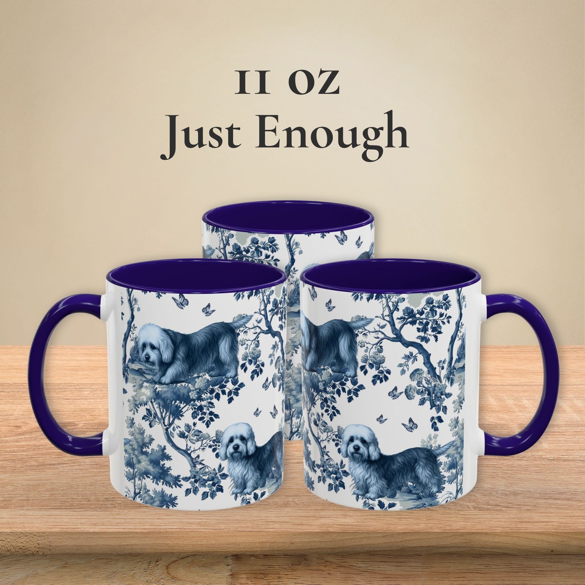 11 oz blue toile Dandie Dinmont Terrier coffee mug shown from three sides