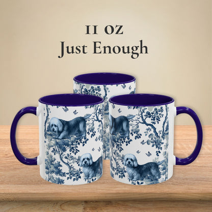 11 oz blue toile Dandie Dinmont Terrier coffee mug shown from three sides