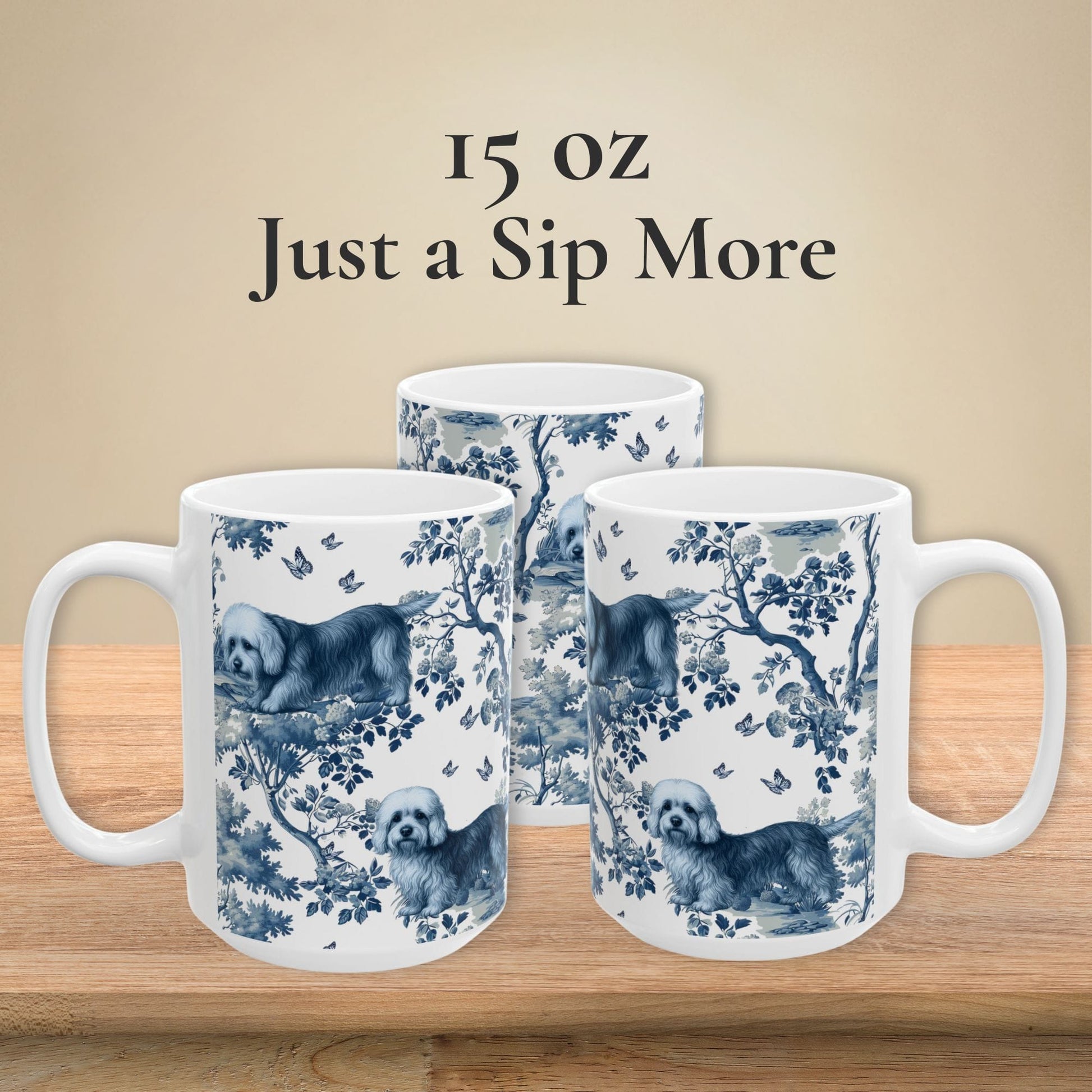 15 oz blue toile Dandie Dinmont Terrier coffee cup shown from three sides