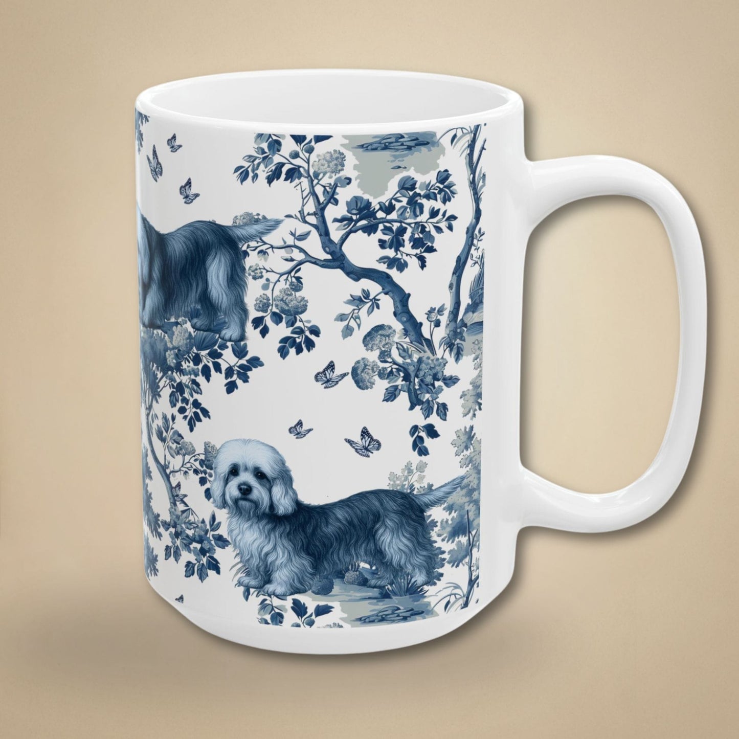 15 oz blue toile Dandie Dinmont Terrier coffee mug, side view