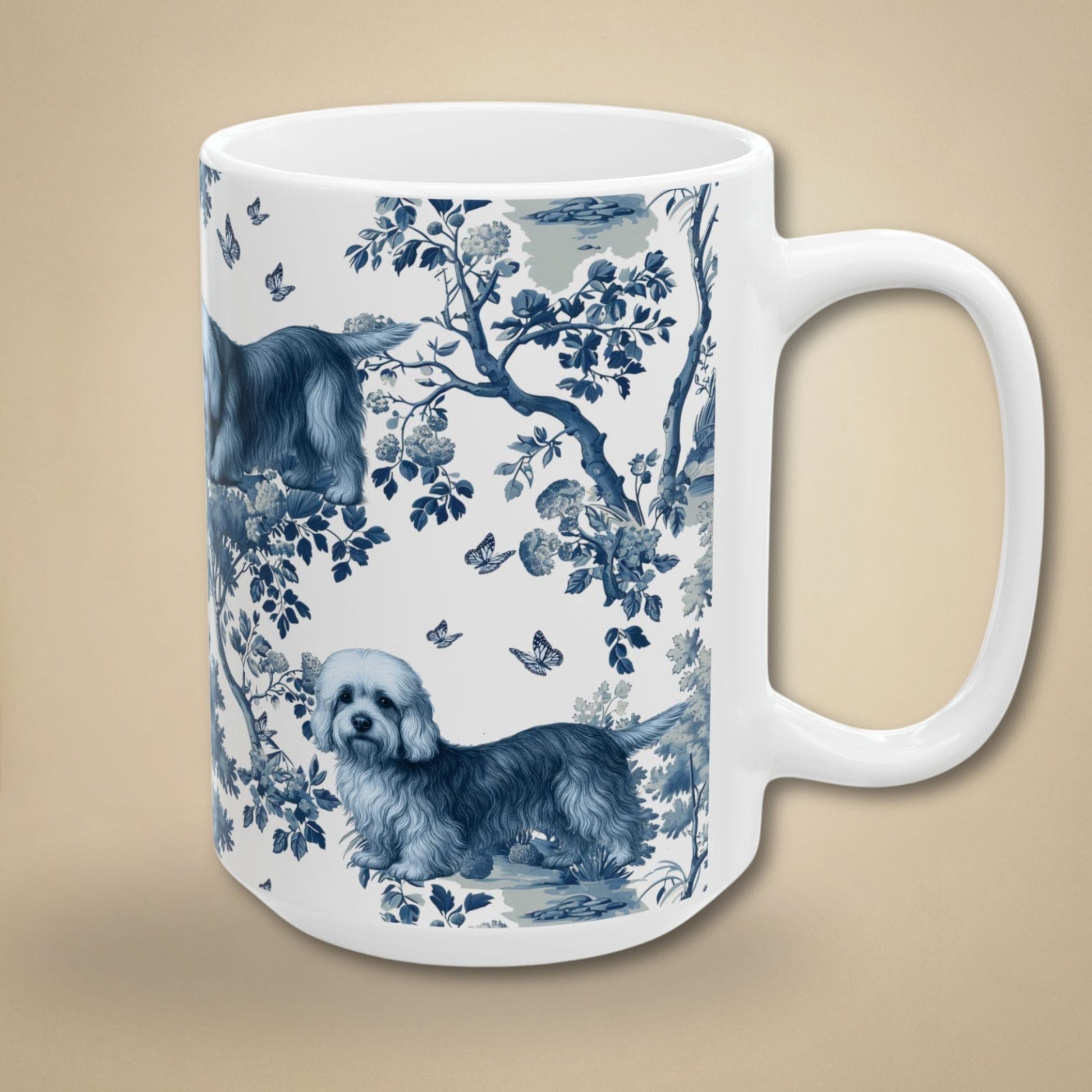 15 oz blue toile Dandie Dinmont Terrier coffee mug, side view