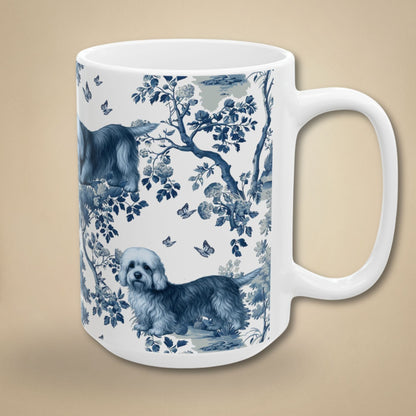 15 oz blue toile Dandie Dinmont Terrier coffee mug, side view