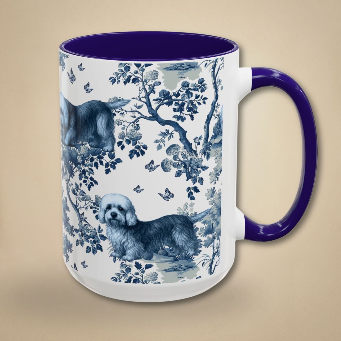 15 oz blue toile Dandie Dinmont Terrier coffee mug, side view