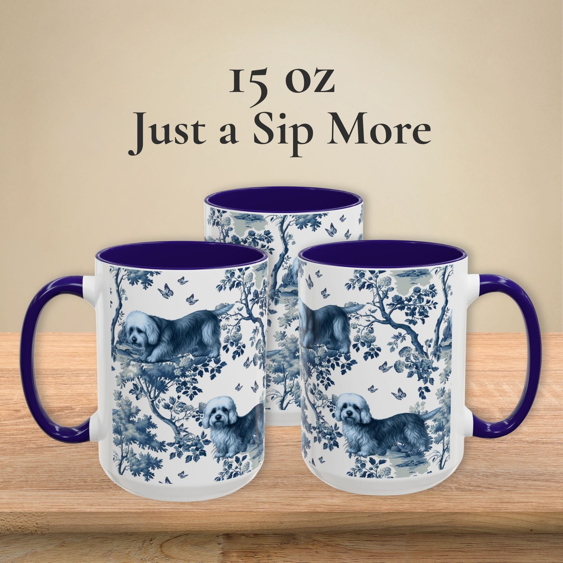 15 oz blue toile Dandie Dinmont Terrier coffee cup shown from three sides