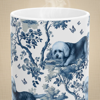 Close-up of the blue toile pattern on a Dandie Dinmont Terrier coffee mug