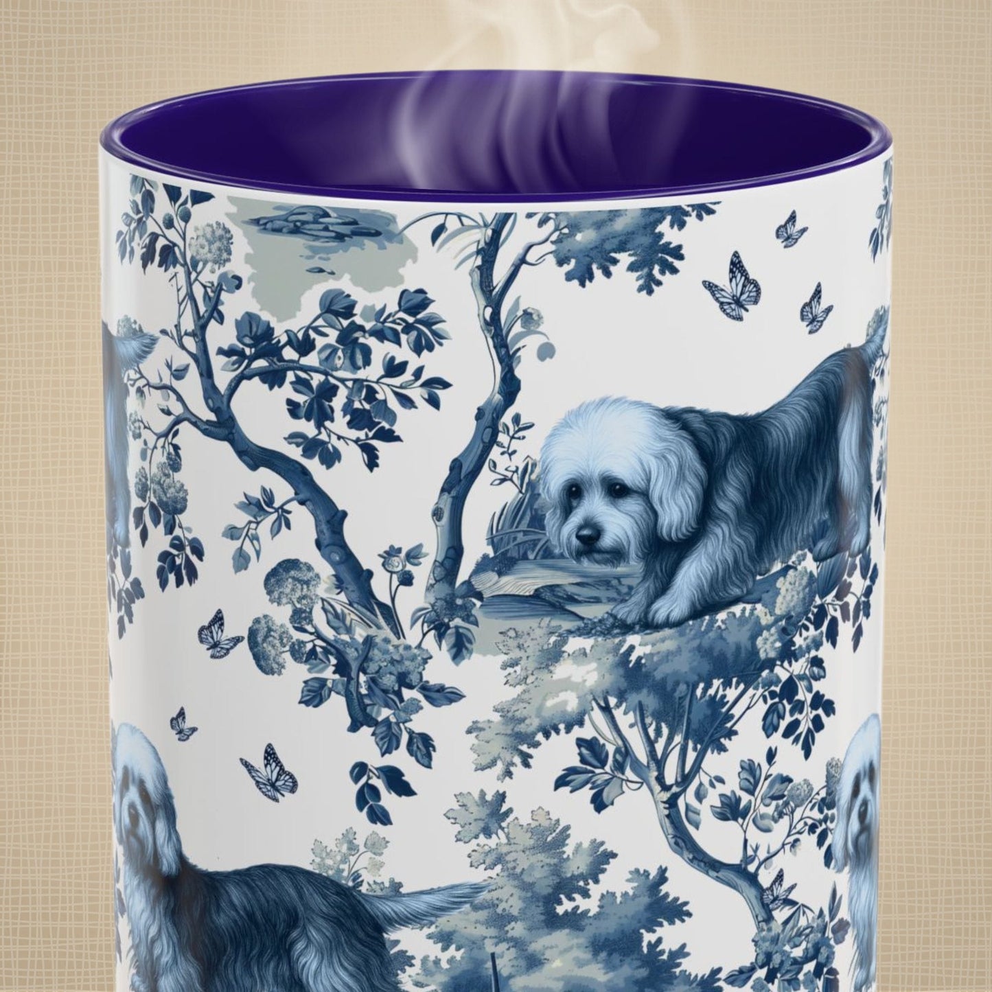 Close-up of the blue toile pattern on a Dandie Dinmont Terrier coffee mug