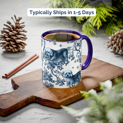 Blue toile Dandie Dinmont Terrier coffee cup styled on a wooden board in a festive setting