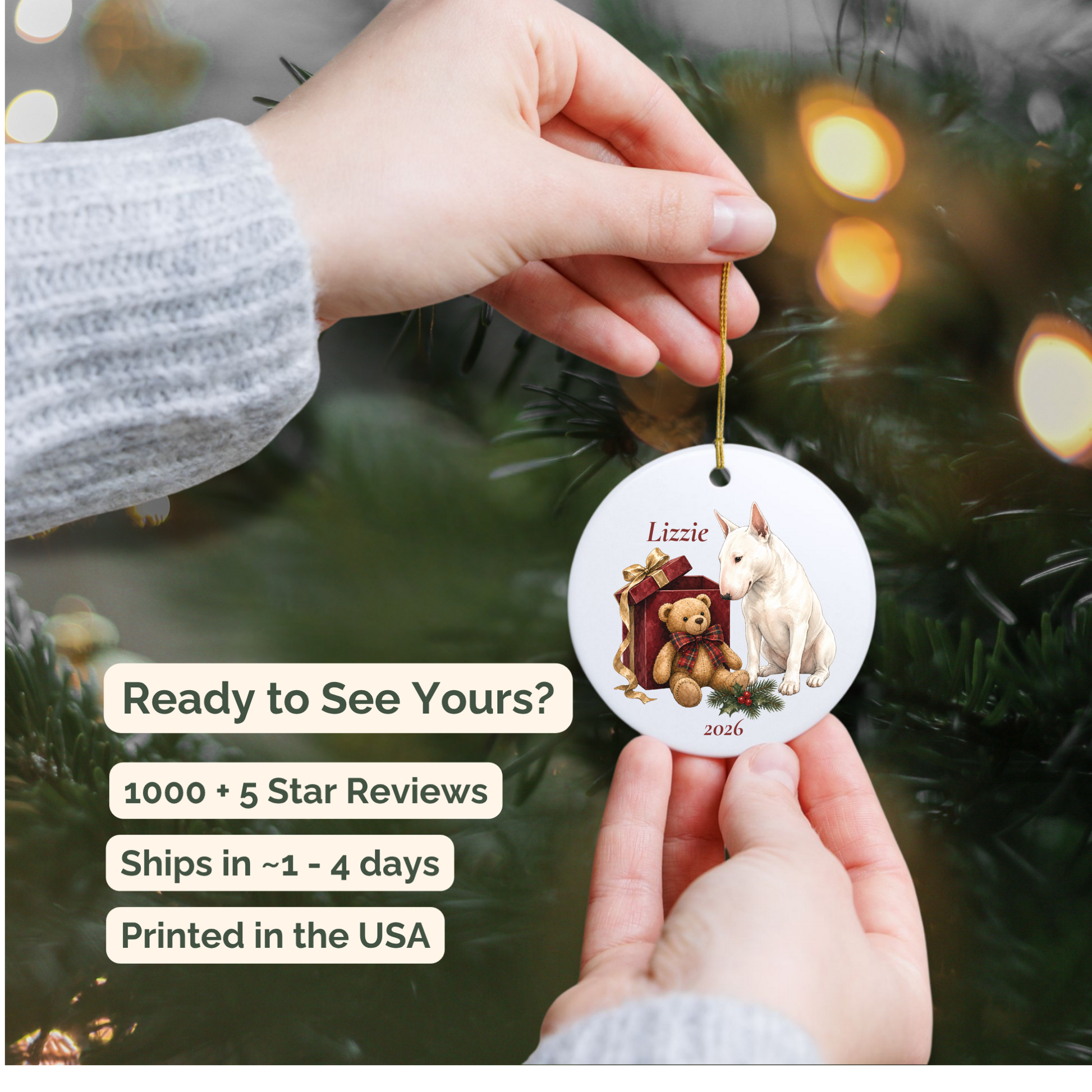 Hand holding a personalized Bull Terrier ceramic ornament beside a Christmas tree