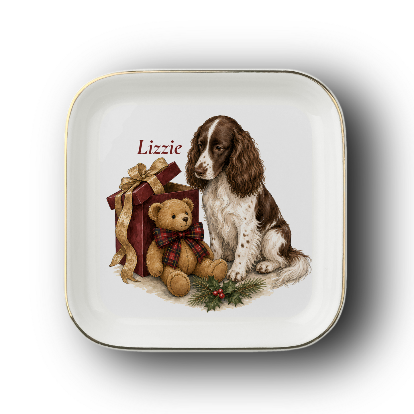 English Springer Spaniel jewelry dish on a white background
