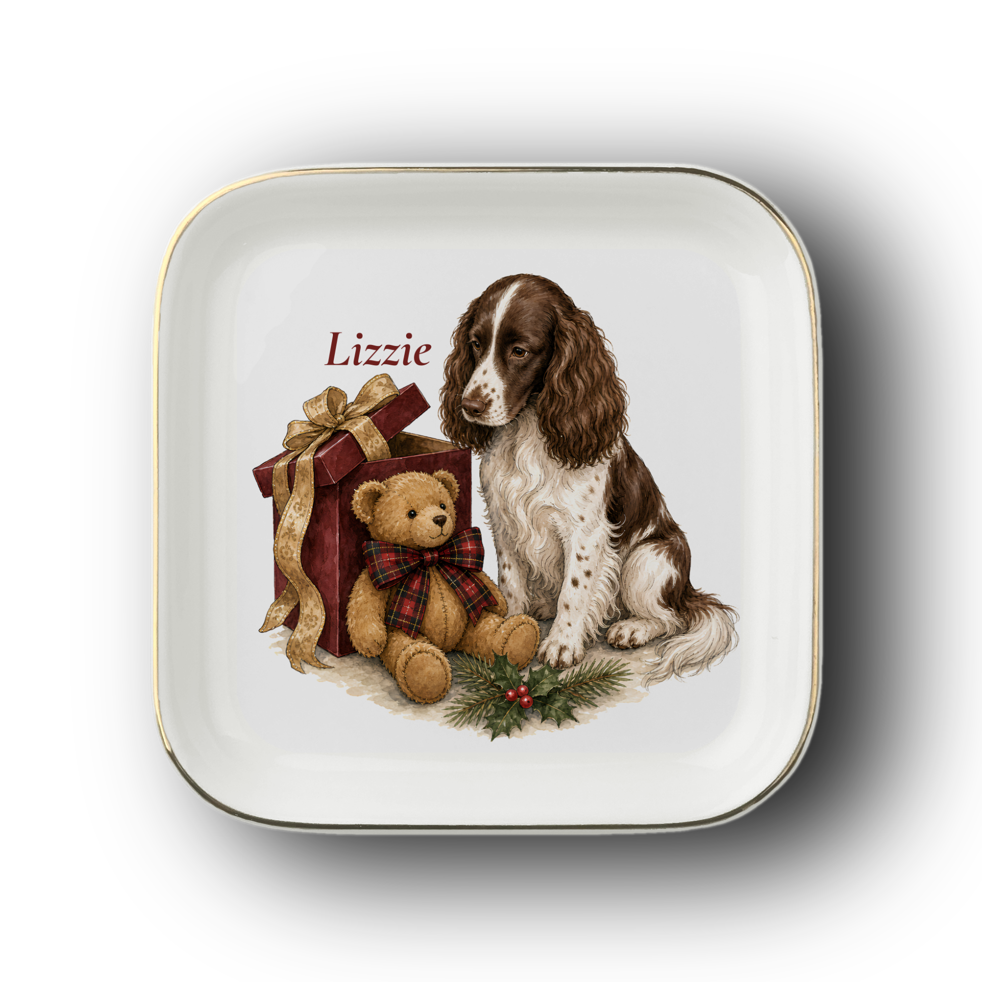 English Springer Spaniel jewelry dish on a white background