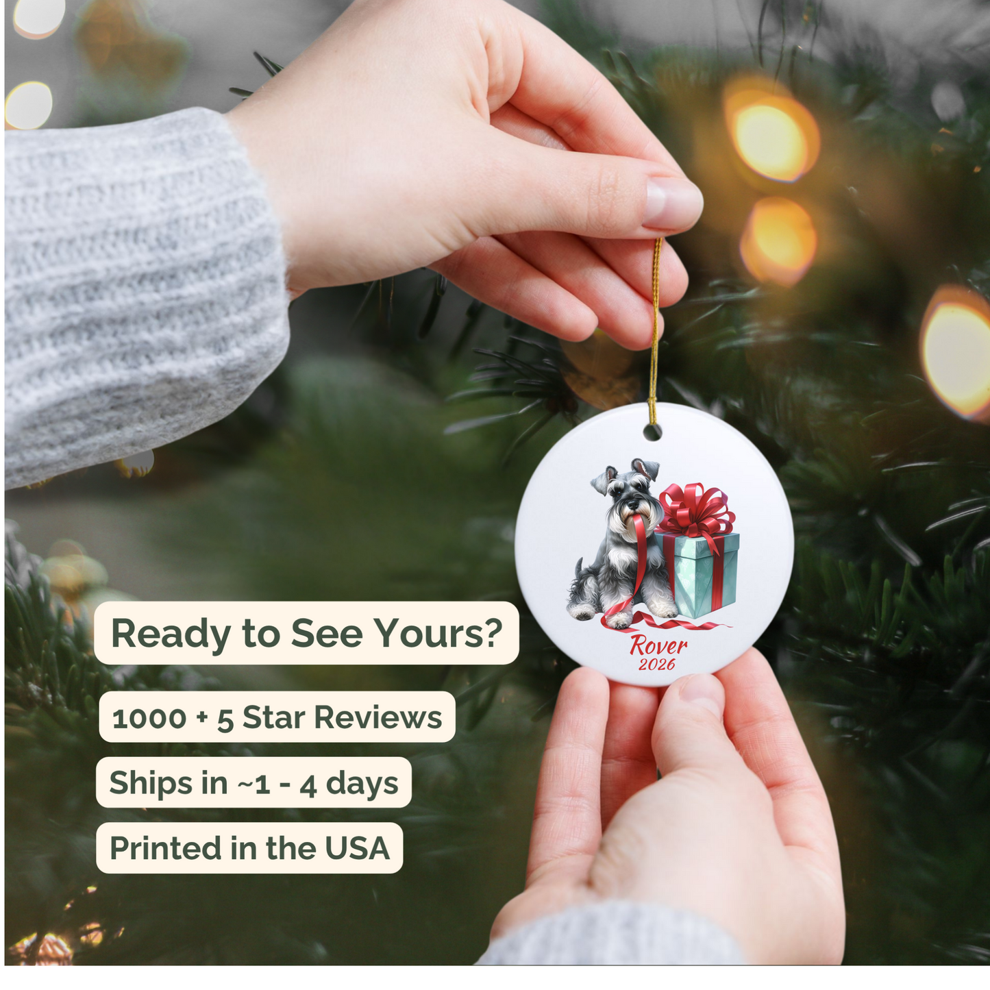 Hand holding a personalized Miniature Schnauzer ceramic ornament beside a Christmas tree