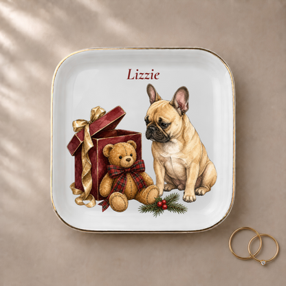 French Bulldog jewelry dish styled with gold rings and a personalized name